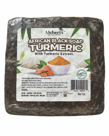 Aleheri's African Black Soap Turmeric 16 oz - 100% All Natural, Raw Ingredients, From Ghana. For All Skin Types, Helps Rejuvenate, Aids Against Dark Spots, Eczema, Stretch Marks on Face &amp; Body