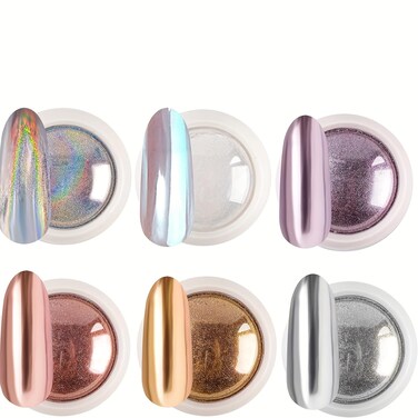 6 Colors Chrome Nail Powder Set Glitter Mirror Effect Nail Art Design 3D Holographic Ice Aurora Dust Nail Powder White Chrome Nail Art Home DIY (Rose Gold)