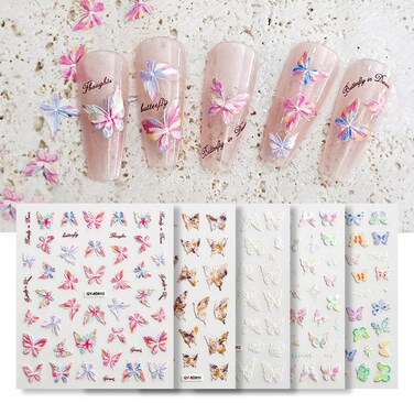 5 Sheets Butterfly Nail Stickers 5D Embossed Nail Decals Self-Adhesive Nail Art Stickers for Nails Art Decoration
