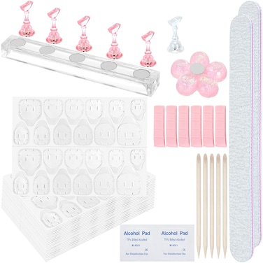 25 Sheets (600pcs) Nail Adhesive Tabs &amp; Nail Stand with Putty, Press on Nail Glue Stickers Nail Holder for Painting Nails, Nail Files, Nail Art Kit, Orange Wood Sticks, Press on Nail Acecessories