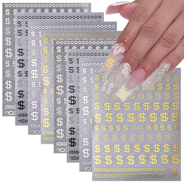 8 Sheets Dollar Nail Stickers for Nail Art 3D Gold Silvers Black White Nail Art Stickers Self-Adhesive Dollar Money Nail Decals Nail Art Supplies for Women Girls Acrylic Nails Manicure Decorations