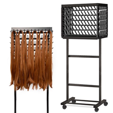 GENMOUS Black Braiding Hair Rack - 150 Pegs, Tri-Sided Braid Rack with 4 Wheels and Large Storage Shelf,Wooden Hair Racks for Braiders Standing Braid Rack Home,Hair Separator Stand for Hairstylists