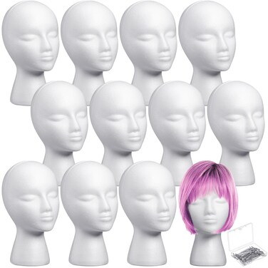 Gisafai 12 Pcs Foam Wig Head with 50 Pcs T Pins Female Foam Mannequin Wig Stand and Holder 11" Tall Cosmetics Model Head Display Hair, Hats Hairpieces Display for Home Travel Salon