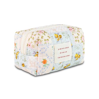 Quilted Makeup Bag Cute Floral Cotton Make up Bag Puffy Coquette Makeup pouch Aesthetic Cute Travel Toiletry Bag for Women Girls