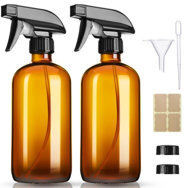 16oz Amber Glass Spray Bottles,2 Pack Glass Spray Bottles Refillable Empty Bottle with Adjustable Nozzle,Spray Bottle for Essential Oils,Cleaning,Pets,Hair Mister