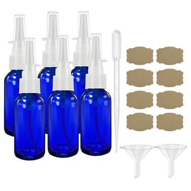 Nasal Spray Bottles 6Pcs1oz (30ml),Empty Nasal Spray Bottle with Funnel,Dropper,Label,Cobalt Blue Glass Nose Spray Bottle,Press Spray Head Refillable Portable Fine Mist Travel Bottle