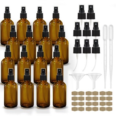 Amber Spray Bottles about 4oz Empty Small Glass Spray Bottle Fine Mist Spray Refillable Containers, Set of 16, Included 24 nozzles, 2 Funnels, 2 Droppers, 24 Labels