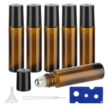 10ML Essential Oil Roller Bottles, 6 Pack Amber Oil Roller Bottles for Essential Oils, Roll on Bottles with Stainless Steel Balls(6 Labels, Opener, Funnel, Dropper Included)