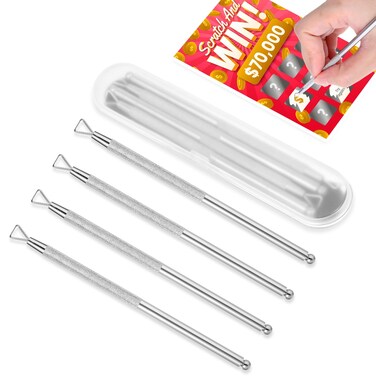 Lottery Scratcher Ticket 4 Pcs Scratch Off Tool Metal Label Scraper Reusable Back Scratchers Nail Cuticle Pusher Massage Pusher Gel Nail Polish Remover for Ticket Reveals