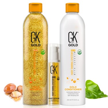 GK Hair Gold Shampoo and Conditioner Duo with Free Argan Oil Serum contains argan Oil, Shea Butter, Natural Oils for Hairs Moisturizing Shine and Protection