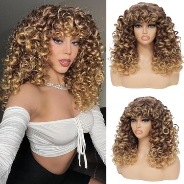 GKtineke-Curly-Wig Big-Curly-Wigs-for-White-Black-Women 20 Inch- Long-Curly-Afro-Wig-with-Bangs Synthetic-Hair-Replacement-Wigs-for-Cosplay and Daily(Ombre Blonde