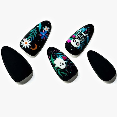 GLAMERMAID Press on Nails Medium Almond, Winter Gothic Black Velvet Skeleton Gel Glue on Nail, 24Pcs Matte Short Stiletto Reusable UV Finish Fake Nails Acrylic False Nails Manicure Kits for Women