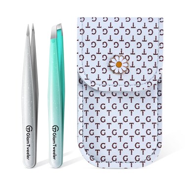 Expert Slant and Point Tip Tweezer Set with Exclusive Storage &amp; Carrying Case, GlamTweeler Sharp &amp; Precision Tweezer Set for Eyebrows, Facial Hairs and Fine Hairs Removal (Sparkle Violet + Silver)