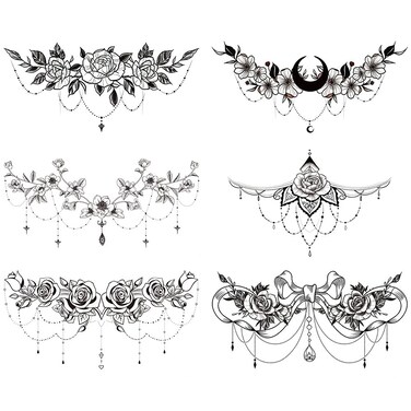 Glaryyears Chest Underboob Temporary Tattoos for Women Adult, 6 Pack Black Fake Realistic Large Long Lasting Creative Removable Tattoo Stickers, Sexy Rose Flower Tramp Stamp Sketch on Body
