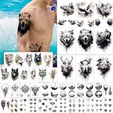 GLARYYEARS Temporary Tattoo for Men, 44-Pack Large+Small size Realistic Tattoos, Long-lasting Fake Tattoo Stickers, Cool Black Body Half Arm Tattoos, Bear Lion Wolf Tiger Rhino Deer Evil Eyes Design