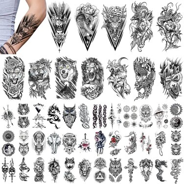 GLARYYEARS Temporary Tattoo for Men, 48-Pack Large &amp; Small size Realistic Fierce Animal Tattoos, Variety Pack Fake Tattoo Stickers for Adults Men, Long-lasting Cool Snake Tiger Wolf Body Tattoos