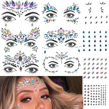 GLARYYEARS Face Gems, 10-Pack Face Jewels Temporary Tattoo Stickers, Face Jewelry Rhinestones Diamonds Crystals, Rave Accessories for Festival Holiday Costumes &amp; Makeup