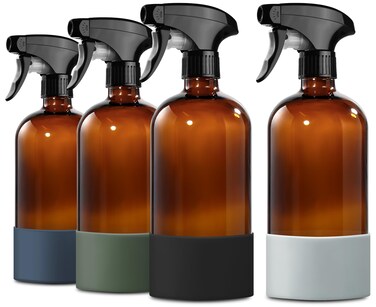 GMISUN Amber Glass Spray Bottles for Cleaning, 4Pack Brown Glass Spray Bottles for Cleaning, Reusable Empty Cleaning Bottles for Plants, 4 Silicone Sleeves, 4pcs Adjustable Nozzles