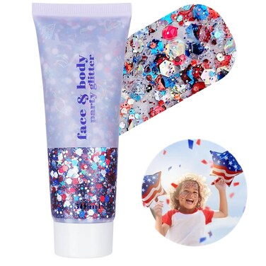Go Ho Red White and Blue Body Glitter, USA Flag Pride Face Glitter, 4th of July Outfits for Women Reflective Glitters Makeup, Holographic Long Lasting Chunky Sequins, Fourth of July Accessories