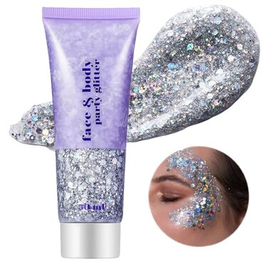 Go Ho Silver Face Body Glitter Gel,Singer Concerts Silver Face Paint Makeup,Holographic Chunky Glitters for Hair/Lip/Nails on Party Halloween Makeup,Festival Rave Accessories,52g