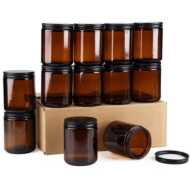 12 Pack Amber Glass Jars, 8 Oz Thick Amber Round Glass Jars, with Black Metal Lids, for Spice, Liquid, Sample, Leakproof and Dishwasher Safe