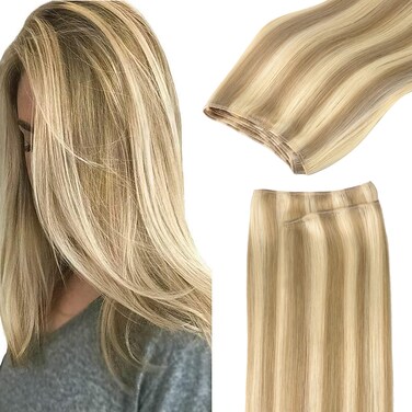 GOO GOO Sew in Hair Extensions Real Human Hair, Weft Hair Extensions Human Hair, 16/22 Light Blonde Highlighted Golden Blonde 22inch 110g, Weft Bundles Straight Silky Remy Hair