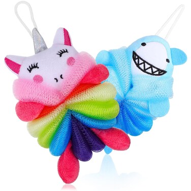 2pcs Cartoon Shark Unicorn Bath Shower Loofahs Boy Girl Body Wash Sponge Exfoliating Shower Sponges for Fun Bathing Cute Bath Pouf Body Scrubbers for Boy Girl
