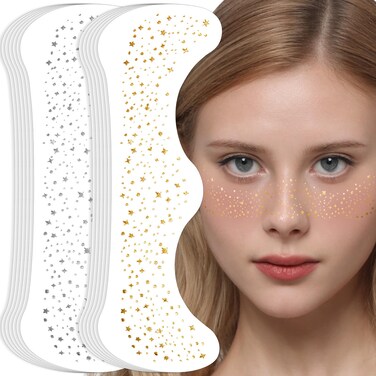12Pcs Glitter Freckles, Gold Glitter Freckles Silver Freckles, Face Glitter for Women Makeup Patches, Makeup Gold Freckles Fake Freckles Glitter for Women Gold and Silver