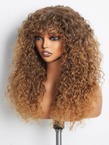 GORGIUS Shaggy Haircuts Ombre Curly Wig with Bangs Honey Colored Wig Crafted with Style-Archive Technology: Premium Fiber &amp; Remy Human Hair Blended, Realistic Look with True Scalp