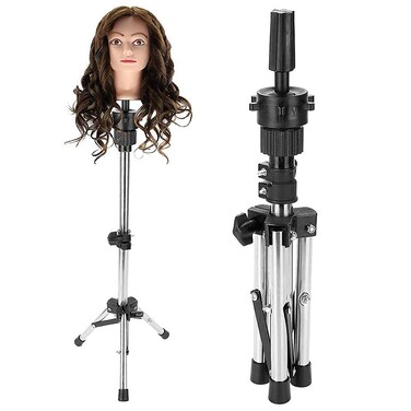 GOTOTOP Mannequin Head Stand Hairdressing Training Head Holder Adjustable Salon Model Mannequin Head Tripod Stand Wig Stand Silver