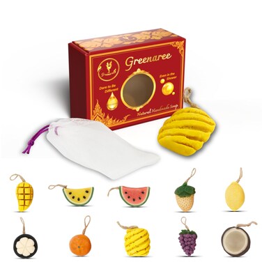 Fruit-Shaped Natural Soap Bar &ndash; Moisturizing with Vitamin C &amp; Collagen, Thai Botanicals, Gentle Cleanser for Sensitive Skin, Includes Foam Net, Ideal for Body &amp; Hands, Gift-Ready (1 Pack)