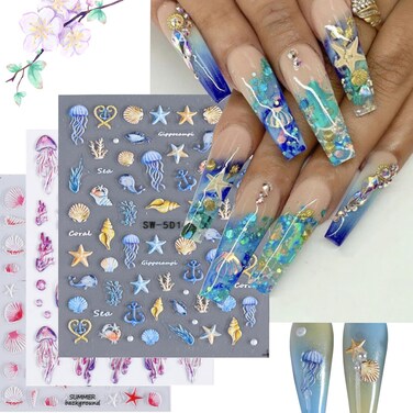 3 Sheets 5D Embossed Nail Decals Starfish Jellyfish Shell Nail Art Stickers Summer Nail Art Design Ocean Theme Nail Adhesive Stickers Self-Adhesive Nail Art Supplies for Women Girls DIY Nail Salons