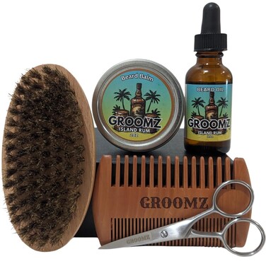 GROOMZ Beard Grooming Kit signature Oil and Balm, Comb, Brush, Scissors (Island Rum)