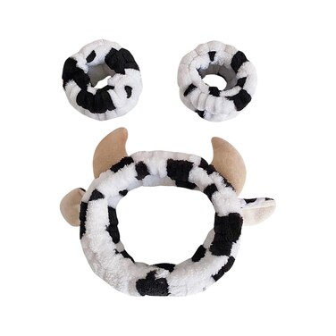 3 Pcs Spa Headband and Wristband Cow Skincare Headband Cute Wash Face Hair Band Skincare Wrist Bands Plush Makeup Hairbands Facial Clean Head Wraps for Women Girls