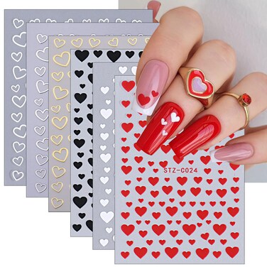 Heart Nail Stickers for Nail Art 6 Sheets Heart Love Nail Decals 3D Self Adhesive Valentine's Nail Supplies Red White Silver Black Gold Heart Nail Design Acrylic Nail Decorations for Women Girls