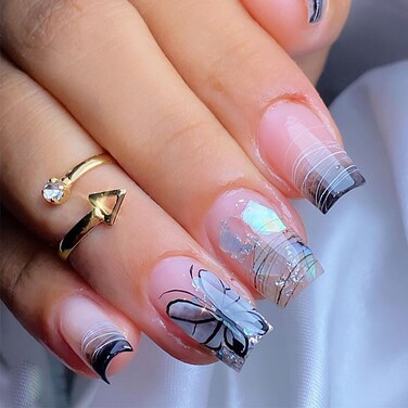 Square Press on Nails Short   Medium Nude Illuminated Butterfly Black Fake Nails with Design Acrylic Glue on Nails for Women and Girl French Static Nails 24 Pcs