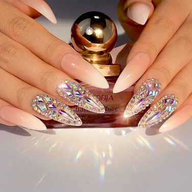 Pink Press On Nails Long Stiletto Extra False Nails with 3d Rhinestones Design Artificial Jewelry Glue on Nails Full Cover Fake Nails Luxury Bridal Wedding Professional Nail Art Salon