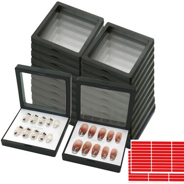 Press On Nail Packaging Boxes 3D Floating Press On Nail Storage Box Nail Display Box with 60pcs Double Sided Adhesive Nail Display Tape for Nail Tech (Black, 3.5 inch)
