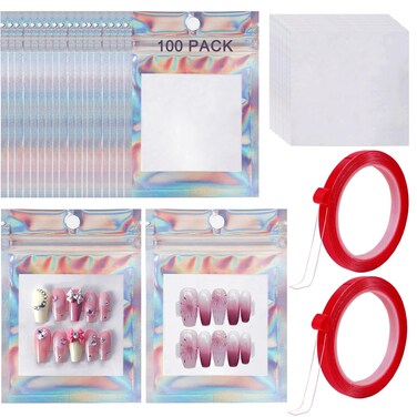 100 PCS Press on Nail Packaging Bag for False Nail Tips Holographic Press On Nail Storage Bag 100 PCS White Card with 2 Roll Transparent Tape for Nail Display Fake Nail Storage Organizer Nail Supplies