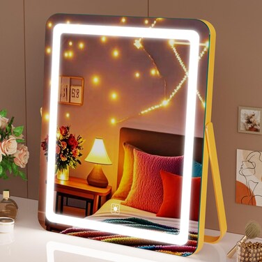 Vanity Mirror with Lights, 14" Light Up Makeup Mirror, LED Makeup Mirror with Lights for Bedroom Tabletop, Smart Touch Control 3 Colors Dimmable, 360&deg; Rotation Gold