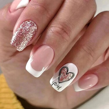 White French Tip Press on Nails Short Square Fake Nails Heart Glue on Nails Light Pink Transluent Acrylic Nails Silver Glitter False Nails Glossy Stick on Nails for Women 24 Pcs
