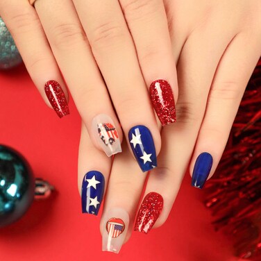 4th of July Nails Press ons Medium Coffin Fake Nails with Star Designs Red Blue White Full Cover Acrylic Nails American Flag Glue on Nails Glossy Glitter &amp; Patriotic Stick on Nails for Women 24 Pcs