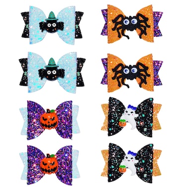 8Pcs Halloween Hair Accessories Headdress Halloween Glitter Bows Spider Hair Clip Pumpkin Hair Bow Ghost Hair Barrette Glitter Hair Clip Girls Party Dance Hair Barrettes
