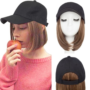 Hairro Hat with Hair Attached For Women Baseball Hat Wig Short Bob Hairstyle Synthetic Straight Adjustable Highlight Balayage Cap Hair Extensions 11" 170g #10P22T
