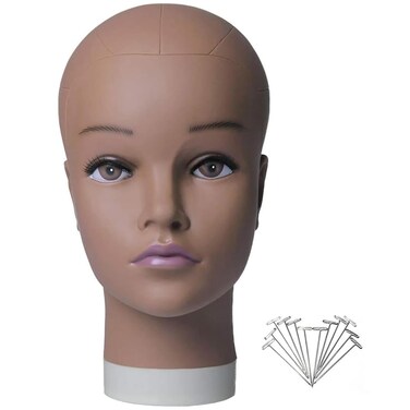 HAIRWAY Bald Mannequin Head Female Professional Cosmetology Training Head Bald Manikin Head for Wigs Making and Display Doll Head with Free T-pins (Brown, 21.5inch)