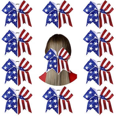 Hanaive 10 Pcs 4th of July Glitter Cheer Hair Bows 8'' Patriotic Cheerleader Red White Blue America Flag Hair Bow with Elastic Ponytail Holder Independence Day Accessory for Kids
