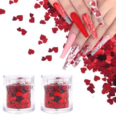 Nail Art Holographic Glitter Red Heart Shaped Flakes 2 Pot, Red Glitter Sequins Laser 3D Mixed Metallic Heart Glitter Nail Art Design Spangles for Valentine Manicure Decoration Eye Face Body Decor.