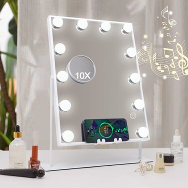 Hansong Vanity Mirror with Lights and Wireless Charging Makeup Mirror with Lights and Music Speaker 12 LED Bulbs Upgraded Hollywood Mirror 3 Color Lighting Modes White