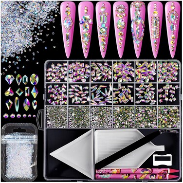 8000pcs Nail Gems and Rhinestones for Nails Art, 240 Shaped Glass AB Crystals Nail Charms for Nails Design, 3D Nail Charms and Gems Nail Jewels, Nail Diamonds Rhinestones Kit w/Wax Pencil, Tweezer