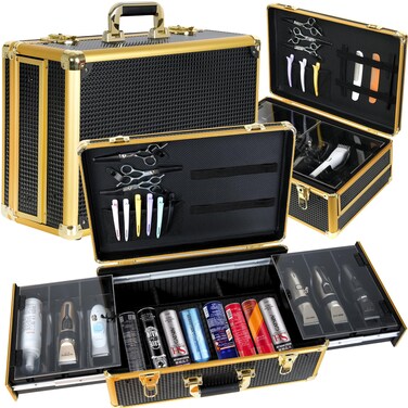 Barber Case Organizer, Barber Briefcase Tool Box, Barber Carrying Case, Large Barber Cases for Clippers and Supplies, Travel Hair Stylist Tools Storage, Luxury Gold &amp; Black